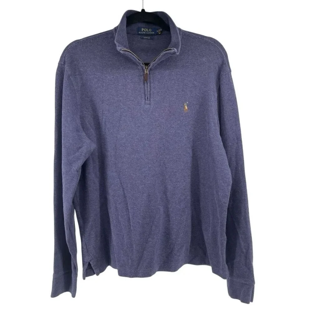 POLO Ralph Lauren Estate Rib Blue Quarter Zip Cotton Knit Sweater Medium
